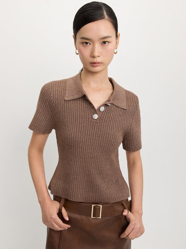 pomelo Pomelo Rhinestone Button-Up Knit Top - Brown