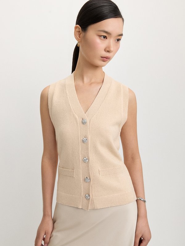 pomelo Pomelo Rhinestone Button-Up Vest - Cream