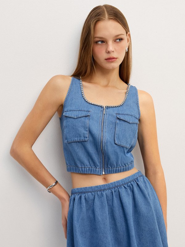 pomelo Pomelo Rhinestone Trim Denim Cami Top - Blue
