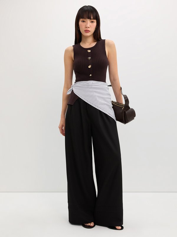 Pomelo Pomelo Ribbed Button Knit Top - Brown