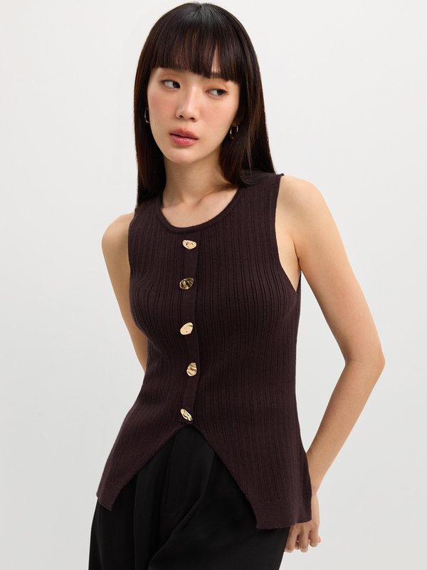 pomelo Pomelo Ribbed Button Knit Top - Brown