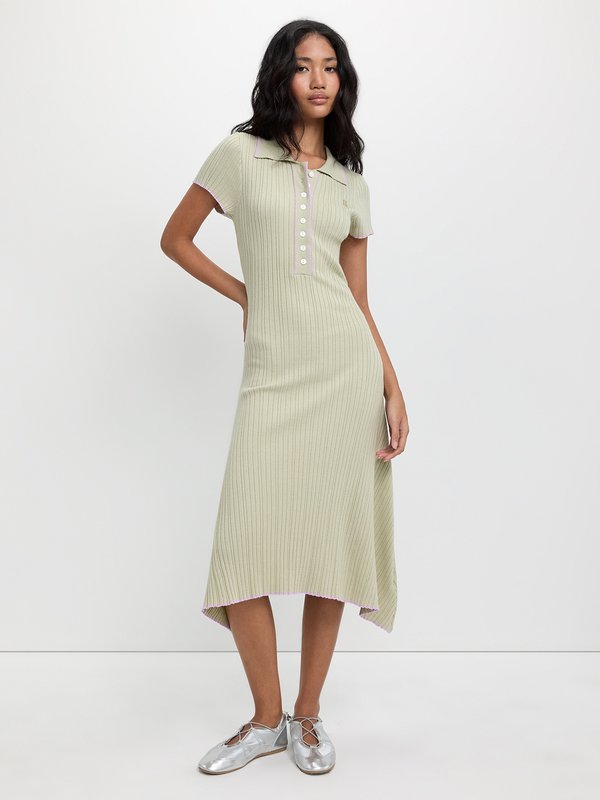 Pomelo Pomelo Ribbed Polo Dress - Light Green