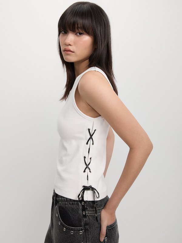 pomelo Pomelo Ribbed Side Lace Up Tank - White
