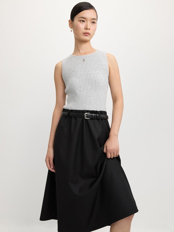 pomelo Pomelo Ribbed Top Belted Dress - Light Grey