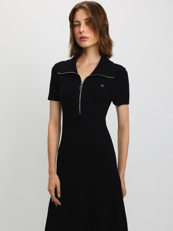 Pomelo Pomelo Ribbed Zip Polo Dress - Black