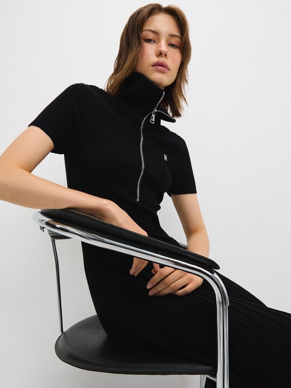 Pomelo Pomelo Ribbed Zip Polo Dress - Black