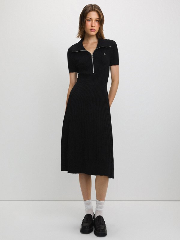 pomelo Pomelo Ribbed Zip Polo Dress - Black