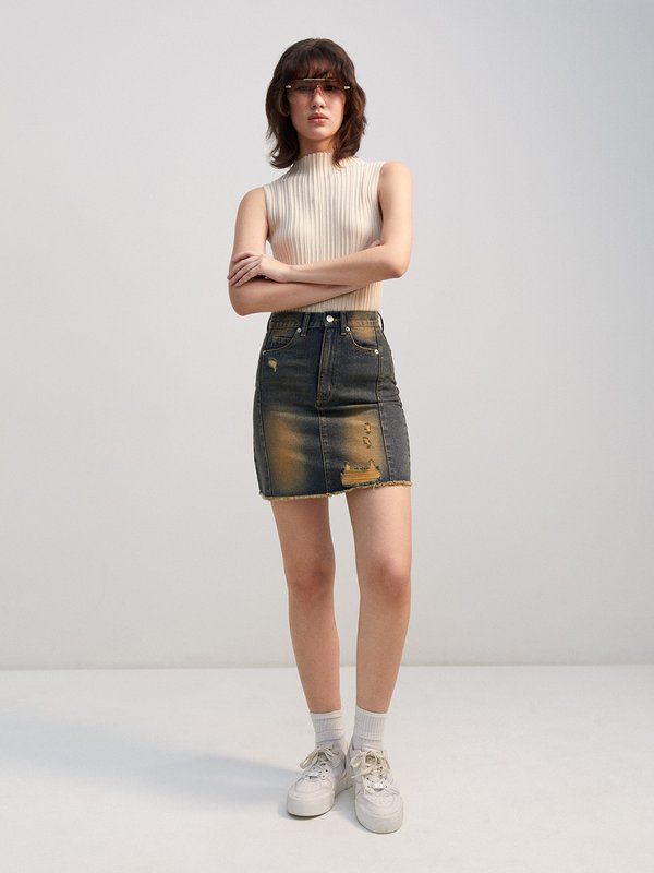 Pomelo Pomelo Ripped Denim Mini Skirt - Brown