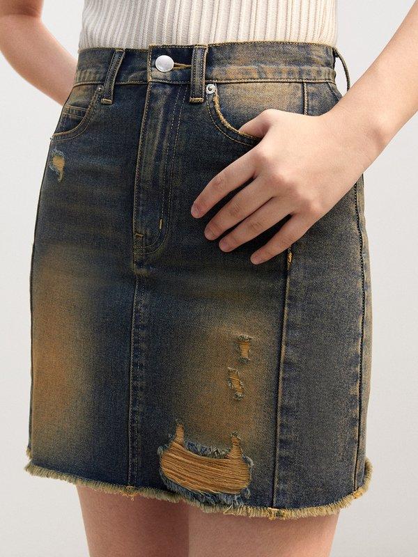 pomelo Pomelo Ripped Denim Mini Skirt - Brown