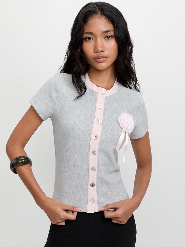 Pomelo Pomelo Rosette Contrast Trim Top - Light Grey