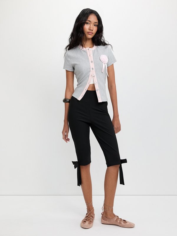 Pomelo Pomelo Rosette Contrast Trim Top - Light Grey