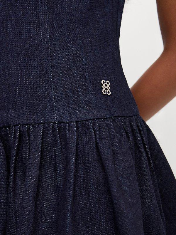 Pomelo Pomelo Ruched Denim Ruffle Dress - Navy