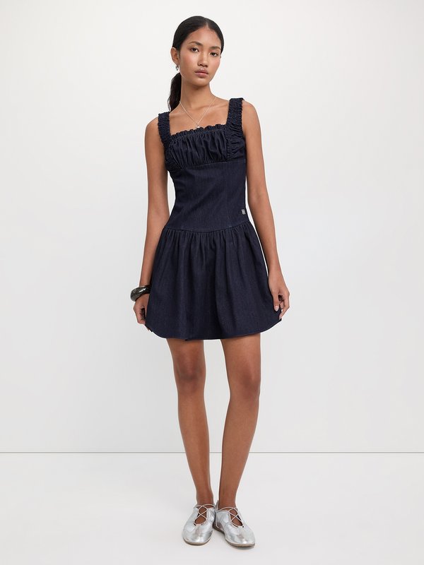 Pomelo Pomelo Ruched Denim Ruffle Dress - Navy