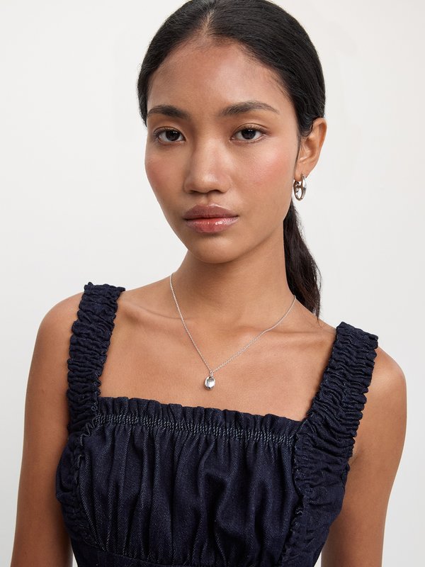 Pomelo Pomelo Ruched Denim Ruffle Dress - Navy