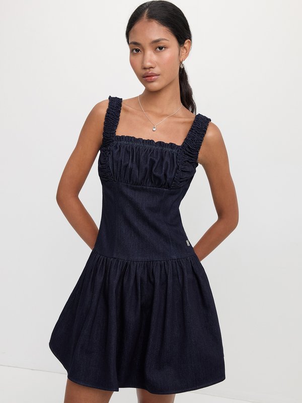 pomelo Pomelo Ruched Denim Ruffle Dress - Navy