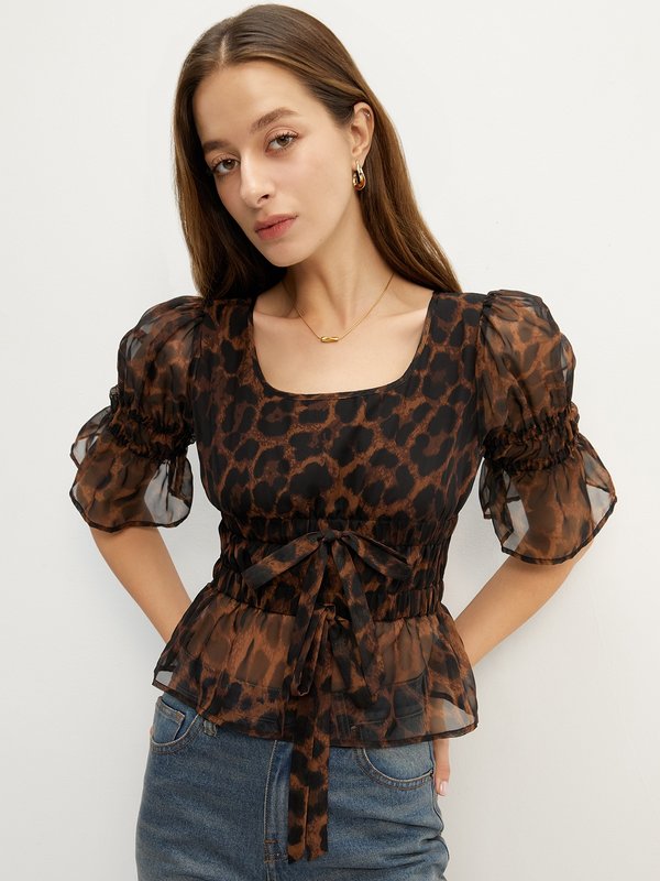 Pomelo Pomelo Ruched Leopard Print Top - Multi Color