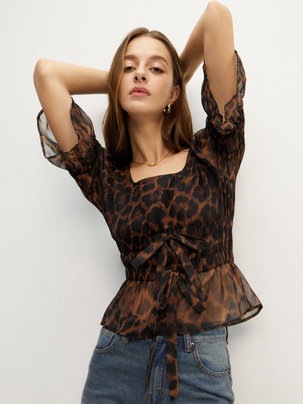 pomelo Pomelo Ruched Leopard Print Top - Multi Color