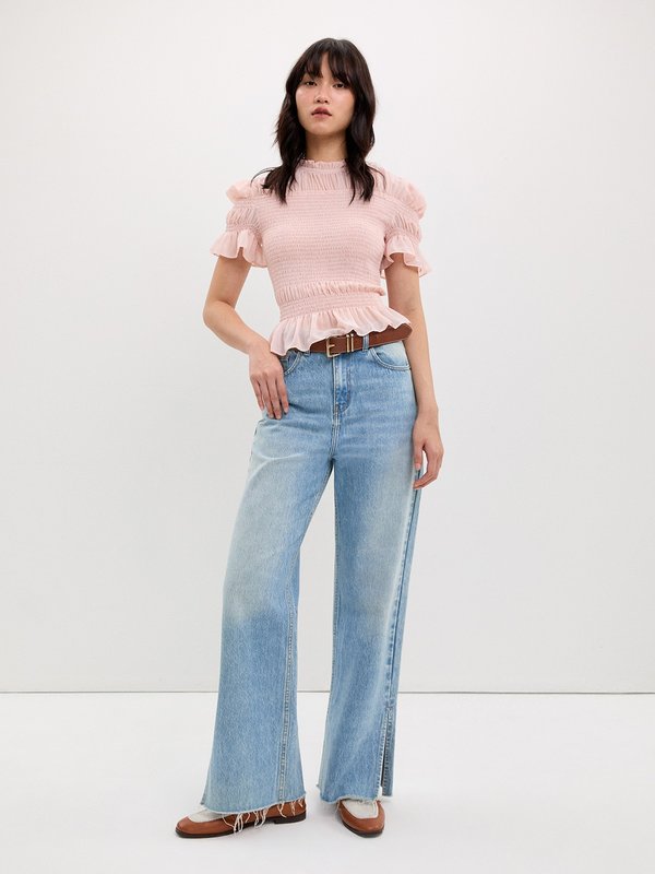 Pomelo Pomelo Ruched Peplum Blouse - Light Pink