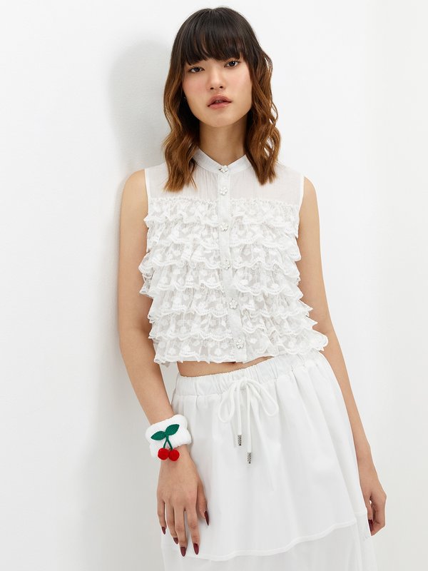 Pomelo Pomelo Ruffle Flower Button Top - White