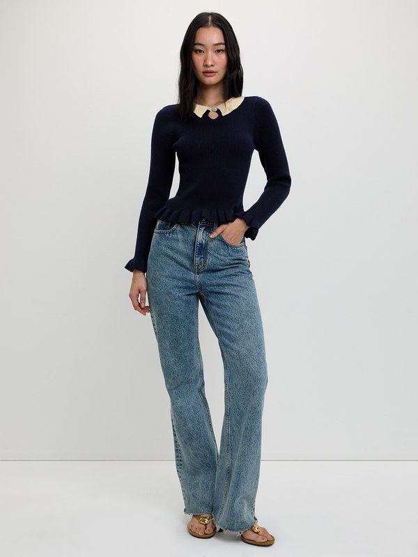 Pomelo Pomelo Ruffle Trim Knit Top - Navy