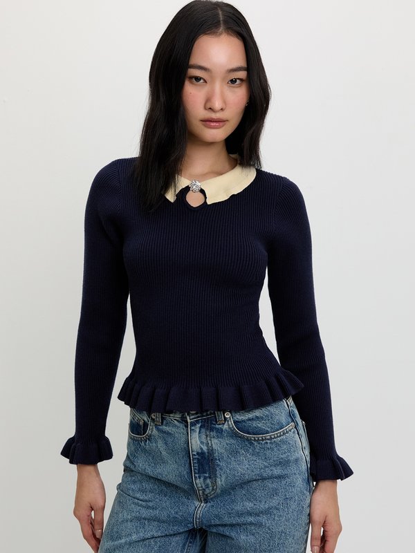 pomelo Pomelo Ruffle Trim Knit Top - Navy