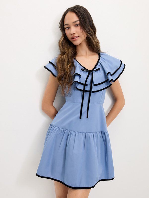 pomelo Pomelo Ruffled Bow Tie Dress - Blue