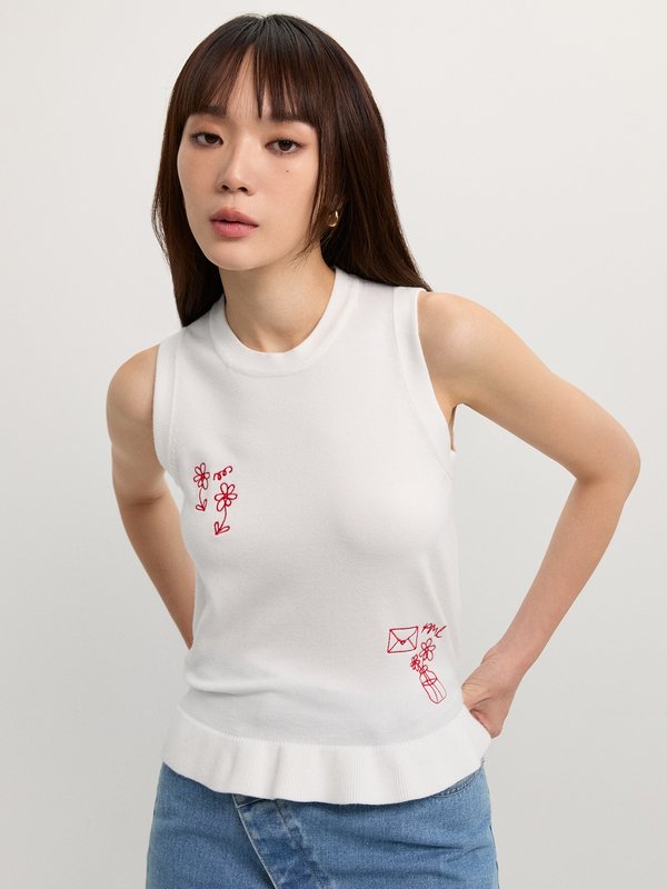 pomelo Pomelo Ruffled Embroidery Top - White