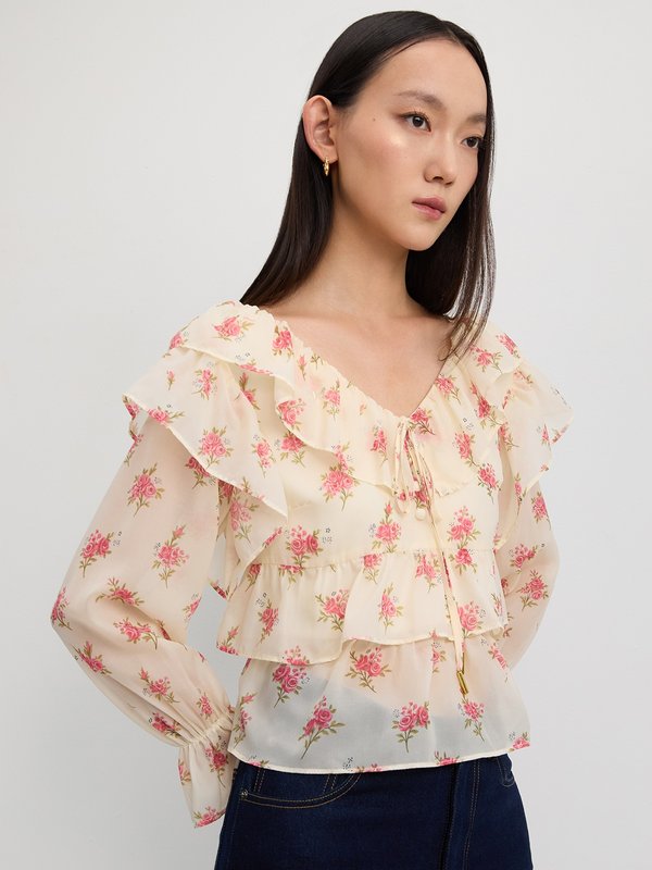 pomelo Pomelo Ruffled Floral Blouse - Ivory