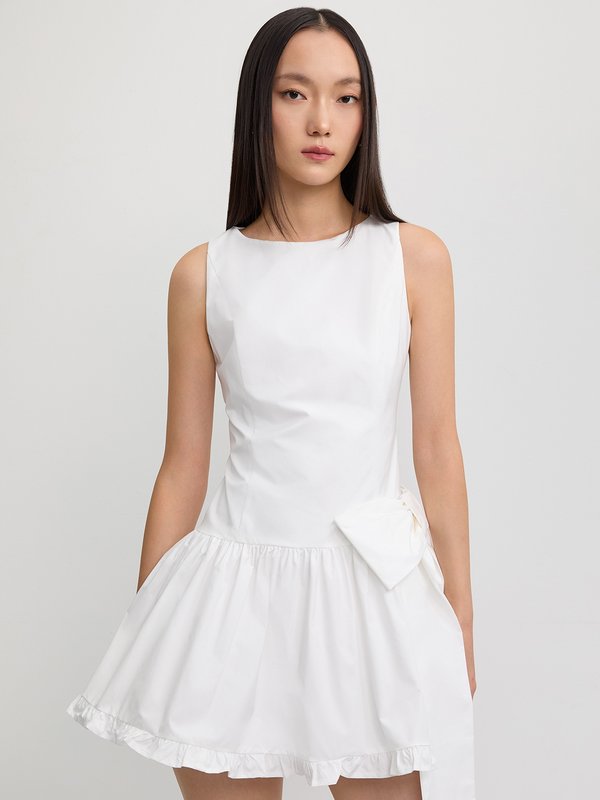pomelo Pomelo Ruffled-Hem Bow Dress - White
