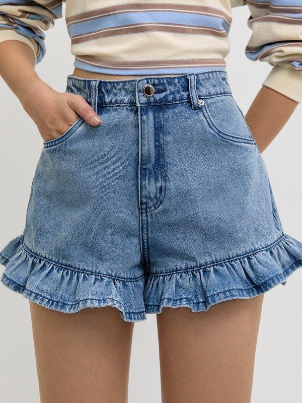 Pomelo Pomelo Ruffled Hem Denim Shorts - Blue