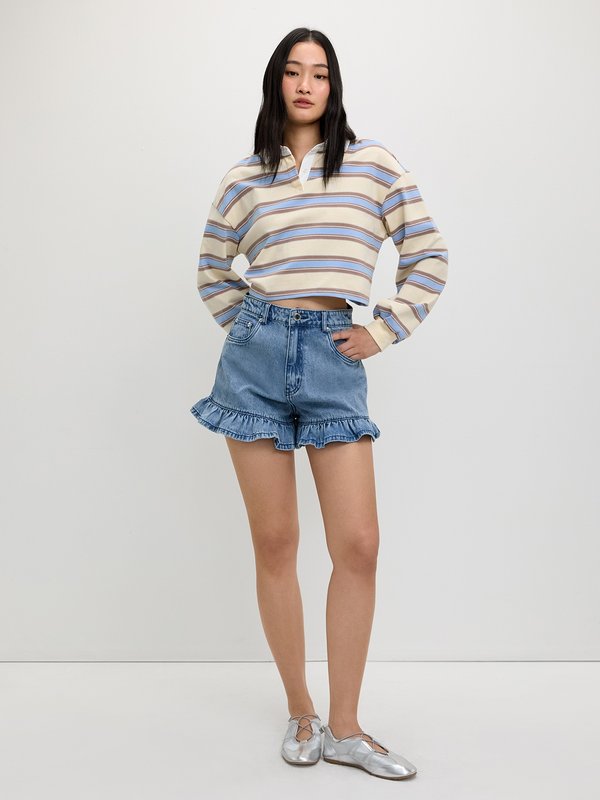 Pomelo Pomelo Ruffled Hem Denim Shorts - Blue