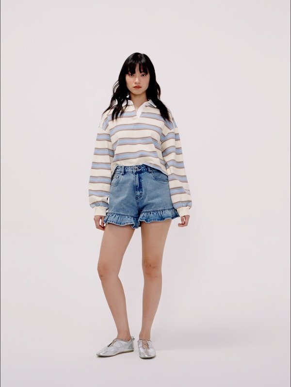 pomelo Pomelo Ruffled Hem Denim Shorts - Blue