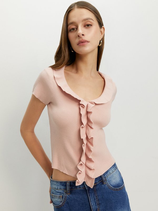 pomelo Pomelo Ruffled Knit Top - Light Pink