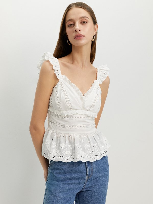 Pomelo Pomelo Ruffled Lace Peplum Top - Off-White