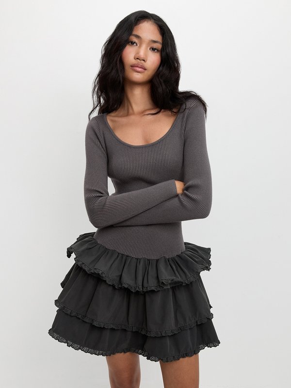 pomelo Pomelo Ruffled Layer Dress - Dark Grey