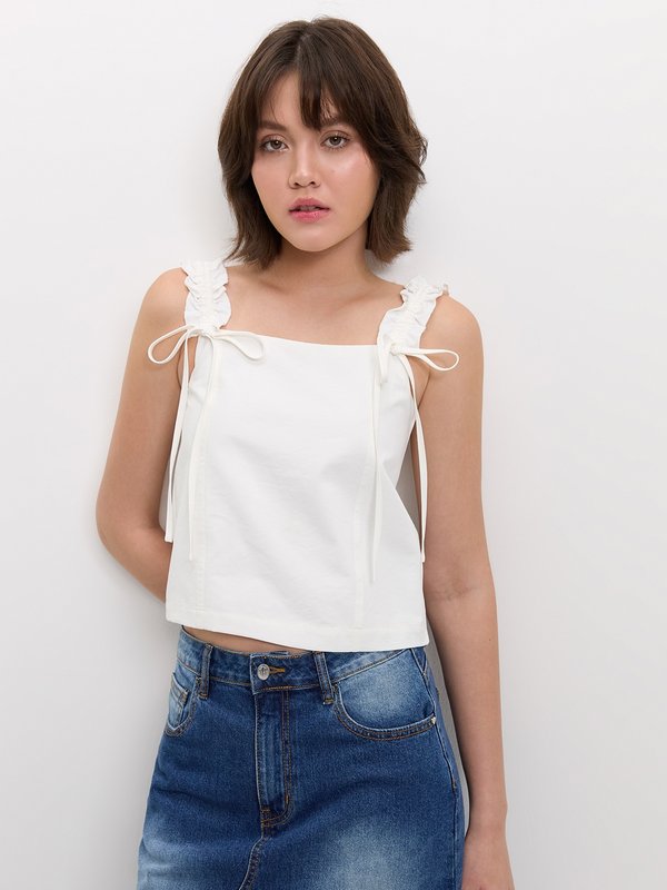 pomelo Pomelo Ruffled Shoulder Bow Tie Top - White