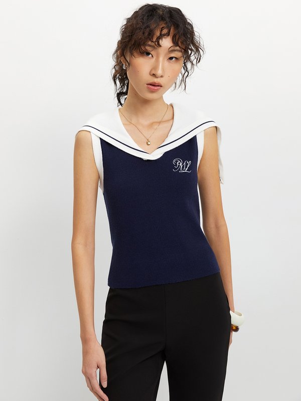 pomelo Pomelo Sailor Collar Knit Top - Navy
