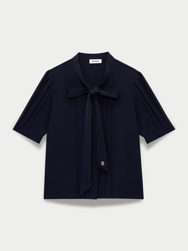 pomelo Pomelo Scarf-Tie Pleated Blouse - Mid Night
