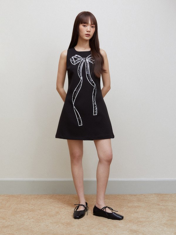 Pomelo Pomelo Sequin Bow Detail Mini Dress - Black
