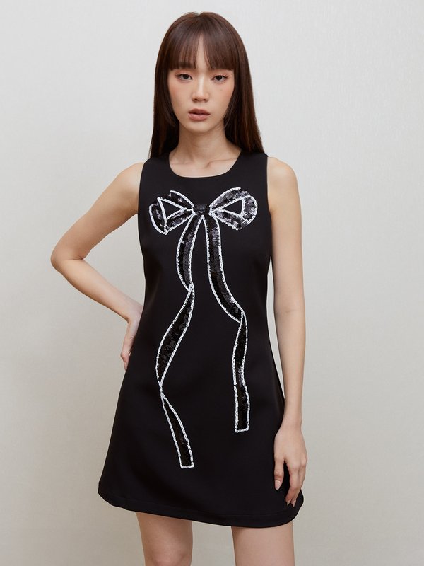 pomelo Pomelo Sequin Bow Detail Mini Dress - Black