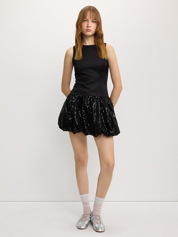 pomelo Pomelo Sequin Bubble Skirt Dress - Black