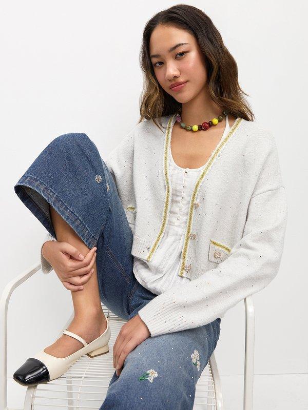 pomelo Pomelo Sequin Crop Cardigan - White