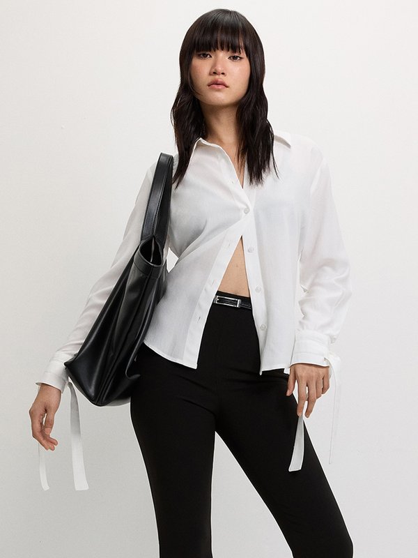 pomelo Pomelo Sheer Bow Tie Button-Up Shirt - White