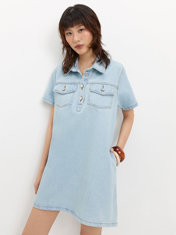 pomelo Pomelo Short Sleeve Dress - Light Blue