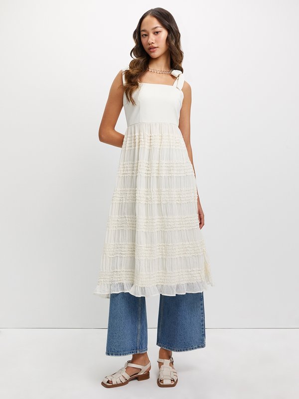 Pomelo Pomelo Shoulder Bow Tie Frill Dress - Nude