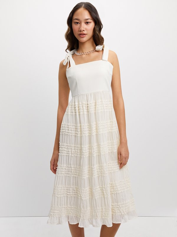 pomelo Pomelo Shoulder Bow Tie Frill Dress - Nude