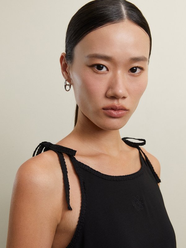 Pomelo Pomelo Shoulder Tie Lace Trim Dress - Black