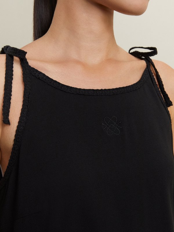 Pomelo Pomelo Shoulder Tie Lace Trim Dress - Black