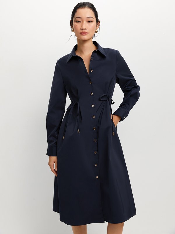 pomelo Pomelo Side Bow Long Sleeve Dress - Navy