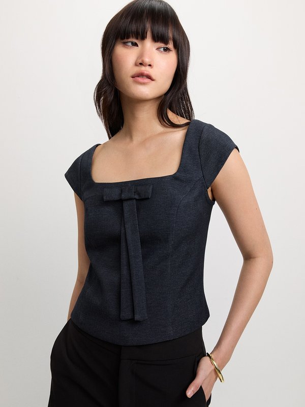 Pomelo Pomelo Square Neck Bow Top - Indigo